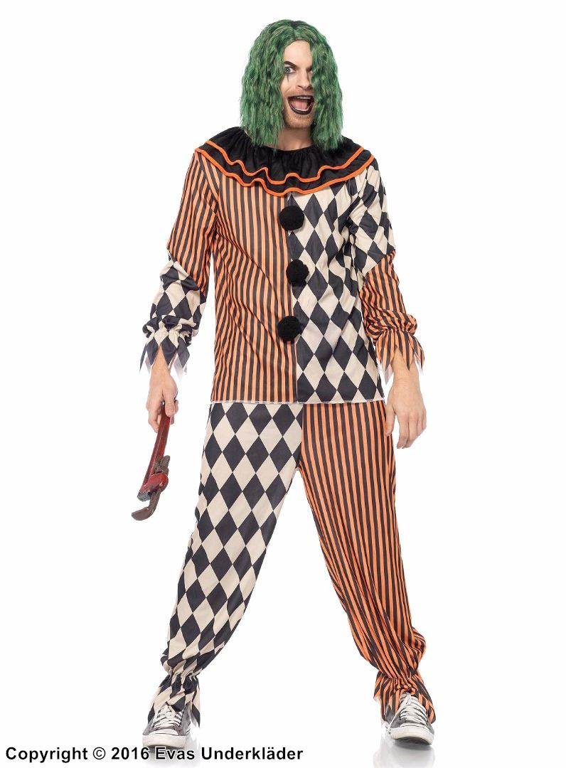 Joker from Batman, costume top and pants, pom pom buttons, harlequin with stripes and diamonds